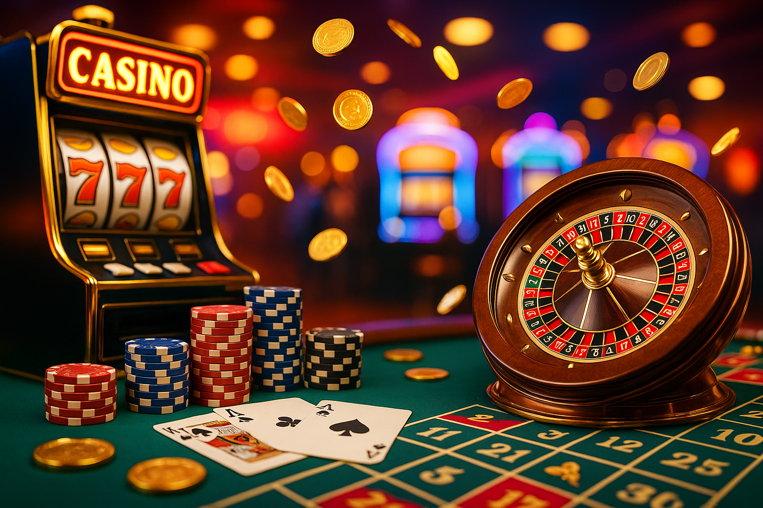 A colorful casino scene featuring a slot machine showing triple sevens, stacks of poker chips, playing cards, a roulette wheel, and gold coins flying through the air, set against a vibrant background of glowing slot machines.