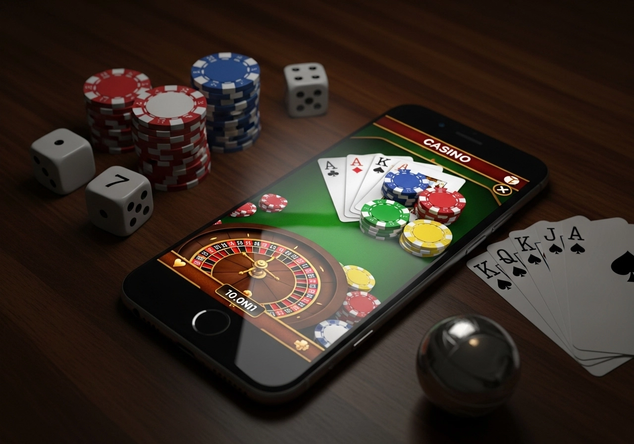 Smartphone showing an online roulette and card game interface surrounded by poker chips, dice, and playing cards on a wooden table, representing online casino gaming.