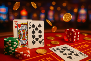 A vibrant red casino table featuring playing cards showing a King of Hearts and Ten of Spades, stacks of poker chips, a red dice, and gold coins floating in the air, with colorful slot machines blurred in the background.