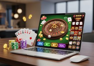 A laptop displaying an online casino interface featuring a roulette wheel, slot icons, and betting buttons, surrounded by stacks of colorful poker chips, playing cards, and floating gold coins on a wooden table in a modern room.