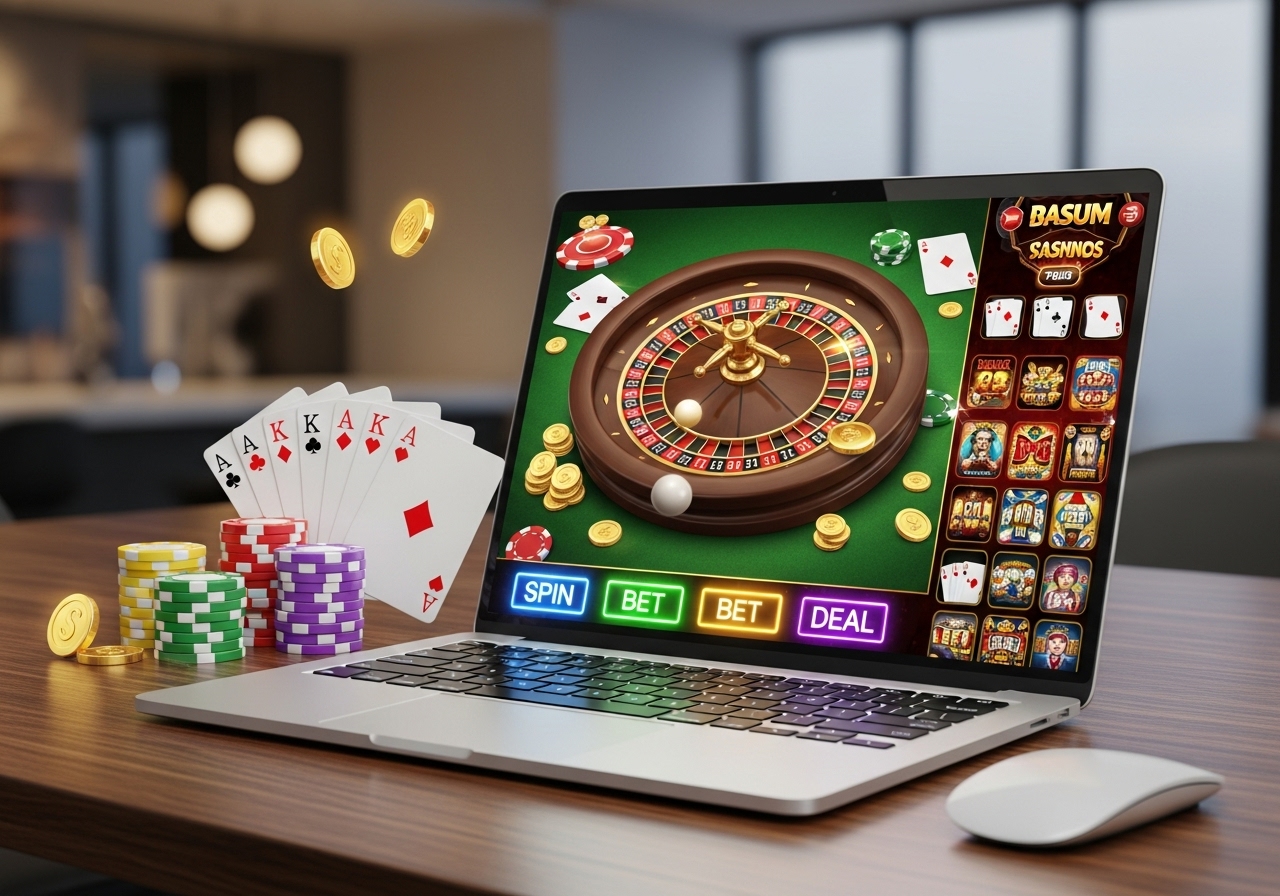 A laptop displaying an online casino interface featuring a roulette wheel, slot icons, and betting buttons, surrounded by stacks of colorful poker chips, playing cards, and floating gold coins on a wooden table in a modern room.
