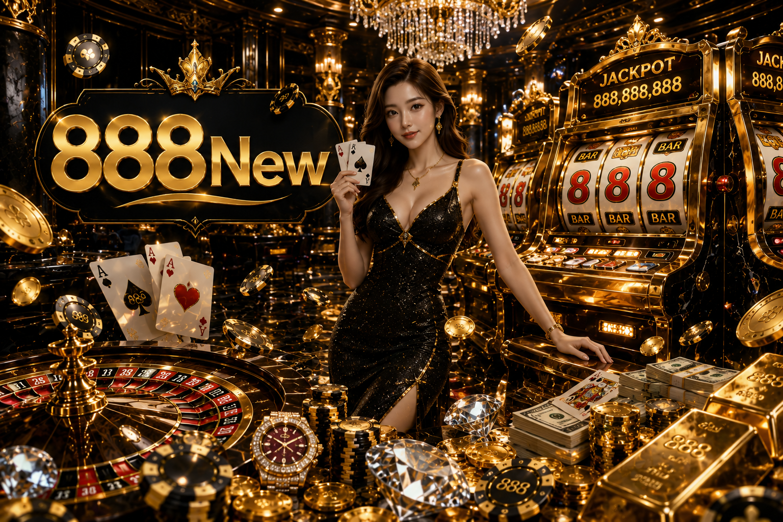 A luxurious 888New online casino featuring a glamorous female dealer, golden slot machines, roulette wheel, poker chips, and jackpot coins inside a premium black and gold casino.