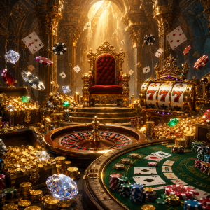 A fantasy-inspired luxury casino featuring a royal throne, glowing 777 slot machine, roulette, blackjack, treasure chests filled with gold, sparkling gemstones, and magical casino elements in an epic adventure-themed gaming environment.