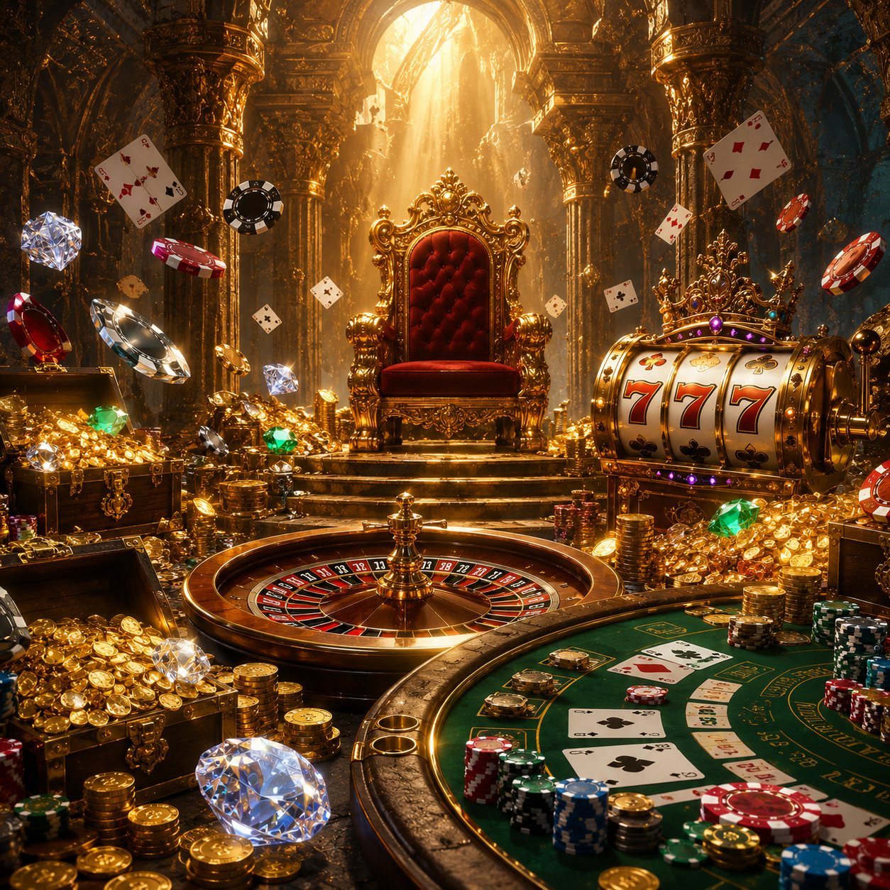 A fantasy-inspired luxury casino featuring a royal throne, glowing 777 slot machine, roulette, blackjack, treasure chests filled with gold, sparkling gemstones, and magical casino elements in an epic adventure-themed gaming environment.