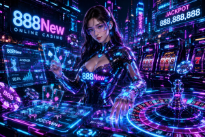 A futuristic cyberpunk casino city with holographic slot machines, glowing roulette tables, digital jackpots, and a stylish cyber dealer promoting 888New.