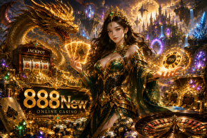 A fantasy-themed 888New online casino featuring a golden dragon, treasure vault, magical slot machines, enchanted queen, and glowing casino cards.