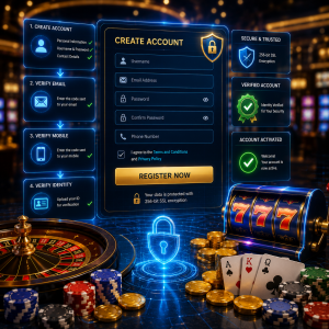 Square online casino image featuring a secure account registration form, identity verification icons, encrypted login panel, glowing 777 slot machine, roulette wheel, poker chips, gold coins, and a premium digital casino platform interface.