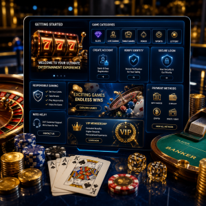 A premium online casino dashboard showcasing account registration, secure verification, game categories, payment options, VIP membership, and popular casino games to help new players get started safely.