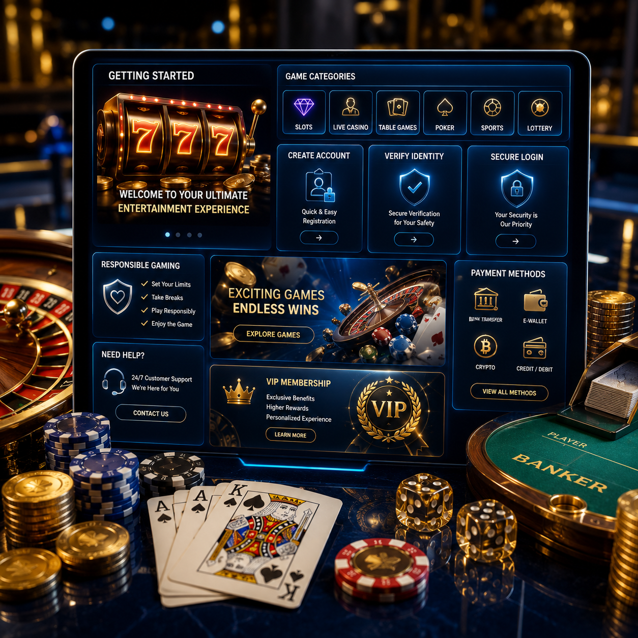 A premium online casino dashboard showcasing account registration, secure verification, game categories, payment options, VIP membership, and popular casino games to help new players get started safely.