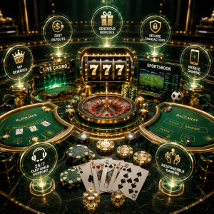 A premium online casino ecosystem showcasing popular casino games, sportsbook, VIP rewards, secure payments, fast withdrawals, and responsible gaming features for an enhanced player experience.