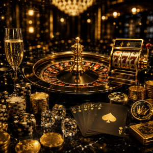 Square image featuring a luxury black marble casino table with a golden roulette wheel, glowing 777 slot machine, poker chips, gold coins, crystal dice, royal playing cards, and champagne in an elegant casino setting.