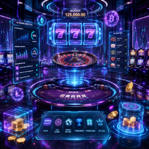 A futuristic online casino showcasing AI-powered gaming, holographic slot machines, digital roulette, cryptocurrency integration, and immersive cyberpunk technology for a next-generation casino experience.