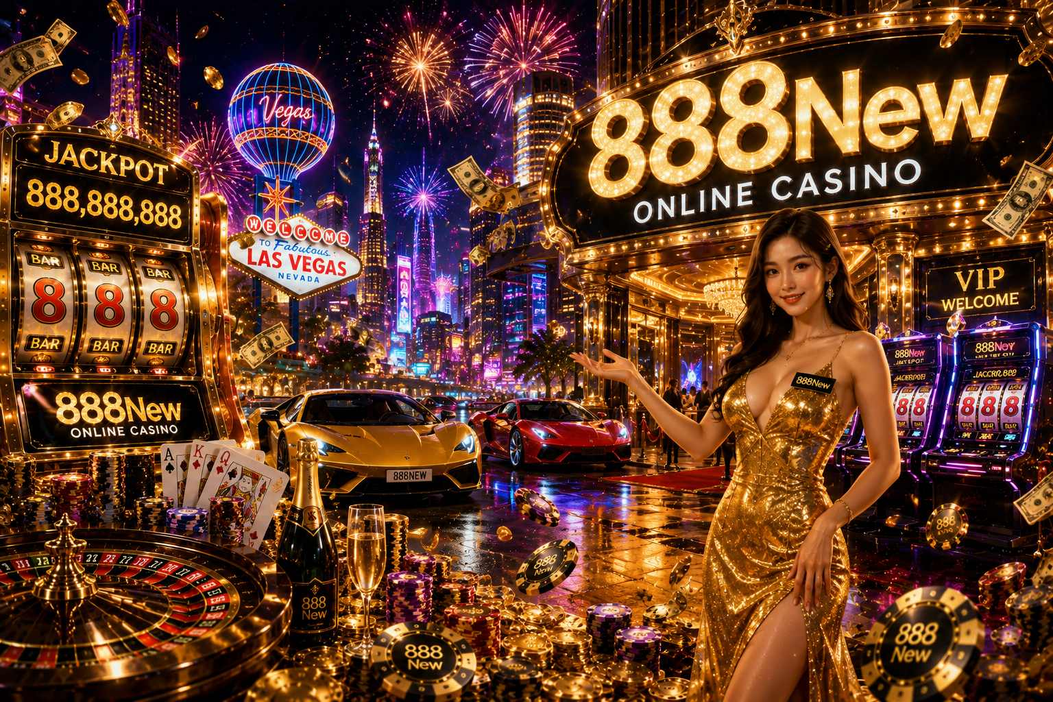 A glamorous Las Vegas-inspired casino featuring luxury sports cars, neon signs, jackpots, glamorous models, and a premium casino entrance.
