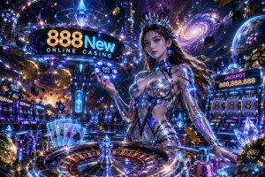 A futuristic casino floating in outer space with planets, holographic slot machines, cosmic jackpots, and an elegant space queen.