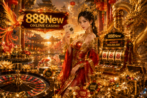 An oriental-inspired luxury casino featuring golden temples, dragons, lanterns, treasure, and an elegant queen promoting 888New.
